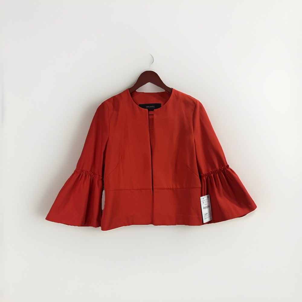 Zara Women's Red Open Front Ruffle Blazer‎ Coat Jacket Size S